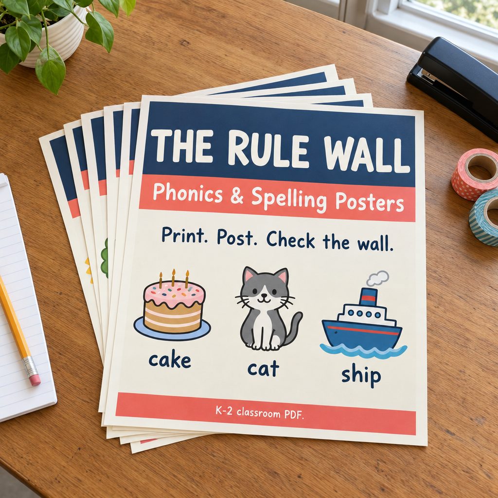 The Rule Wall phonics posters on a teacher desk