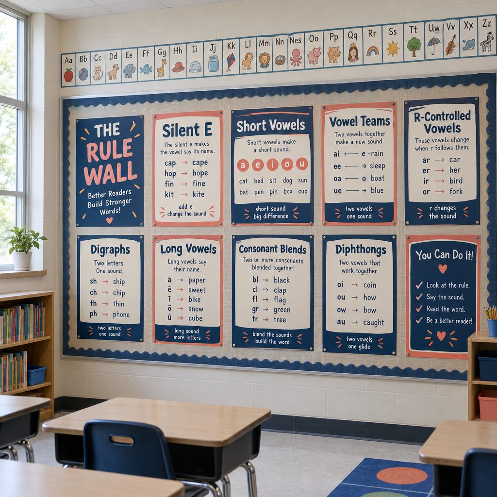 Classroom wall with original phonics posters, no children